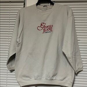 Guess Men's Cream Crewneck Sweater with Red Logo
